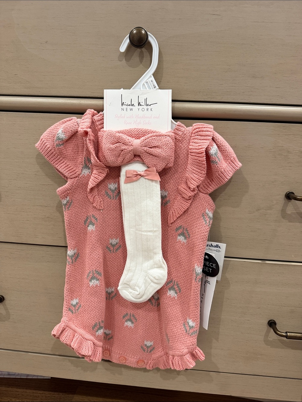 Baby Girls 6-9 Months Knit Romper & matching socks/headband, NWT, Nicole Miller